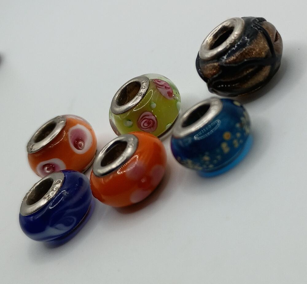 Set of 6 Sterling Silver 925 Glass European-Style Beads